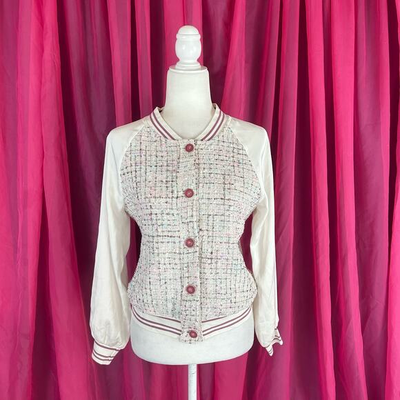 Vimly sparkle tweed white and pink baseball jacket, small - Picture 1 of 7